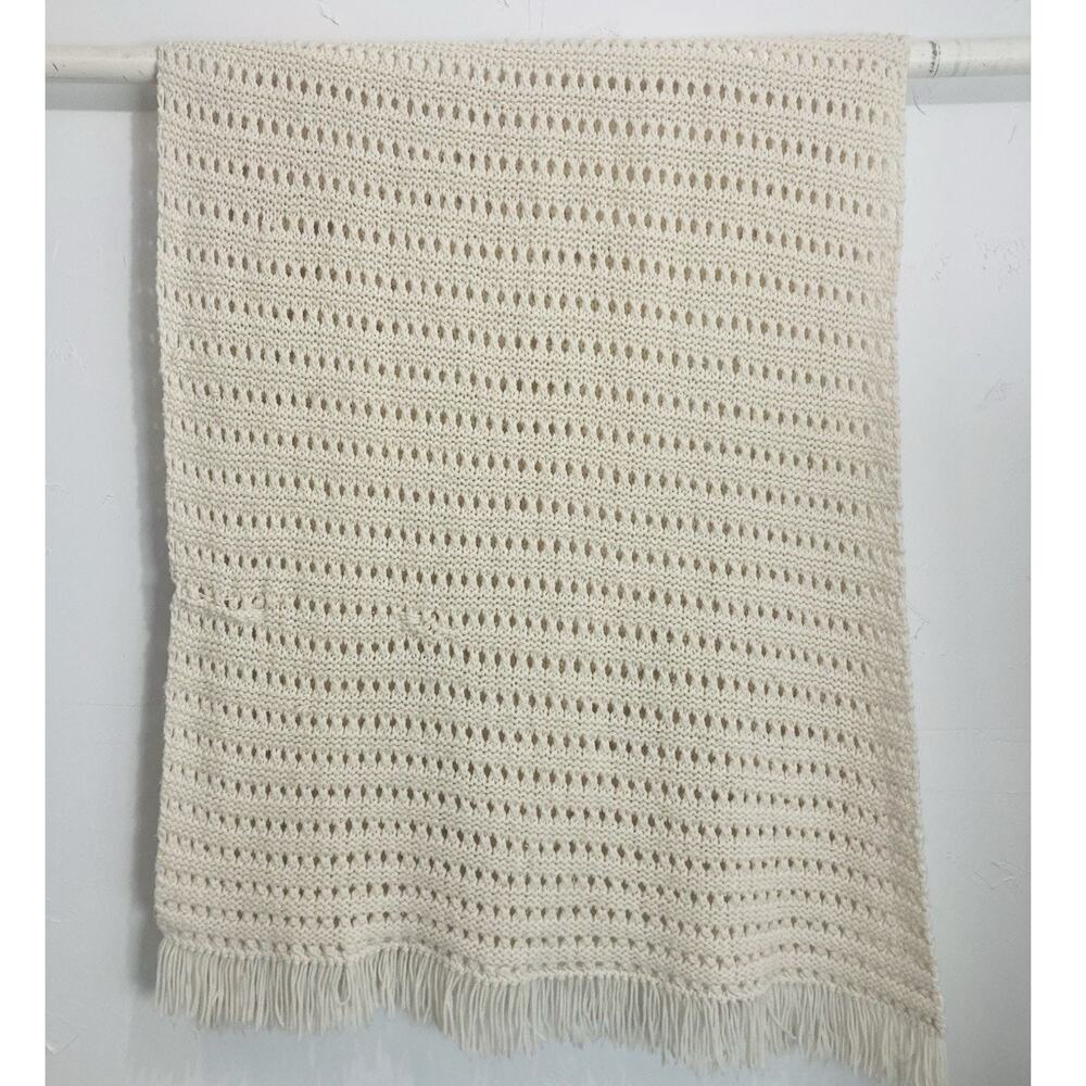 Handmade Afghan Throw Blanket Fringe Cream Ivory Cottage Crochet Knitted Ecru Wh - Picture 2 of 8
